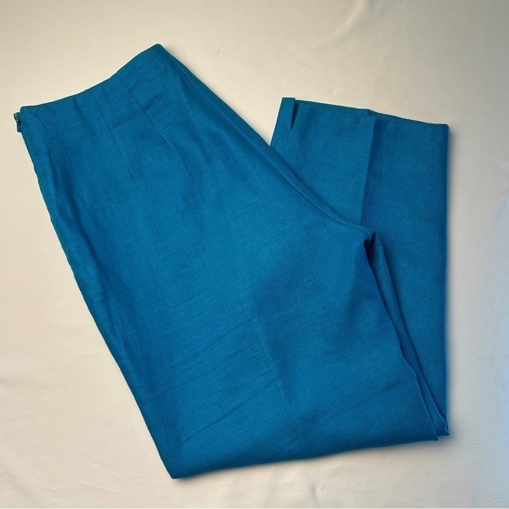 Maggy London Womens High Rise Straight Leg 100% Linen Trousers Size 8P Teal Blue